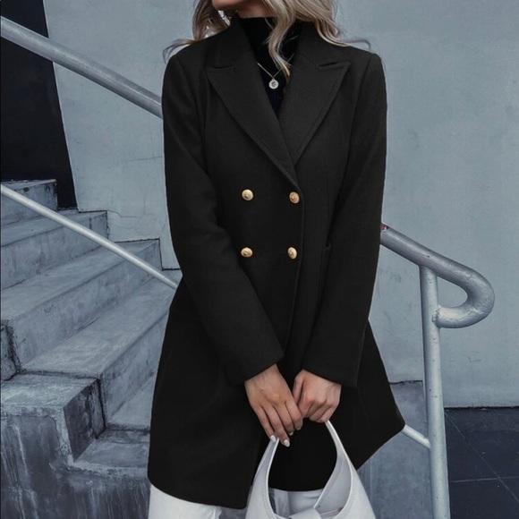 Classic Black button double breast trench pea coat Minimalist - Picture 7 of 9